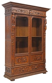 FRENCH RENAISSANCE REVIVAL CARVED OAK DISPLAY BOOKCASE