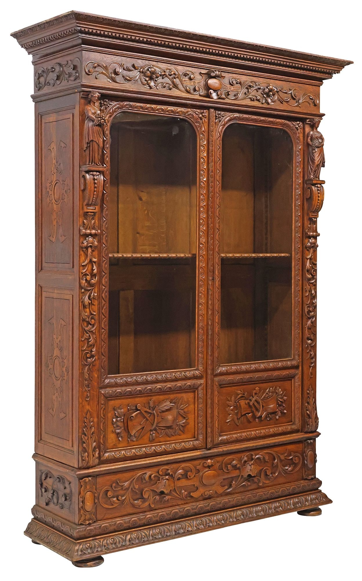 FRENCH RENAISSANCE REVIVAL CARVED OAK DISPLAY BOOKCASE (1 of 7)
