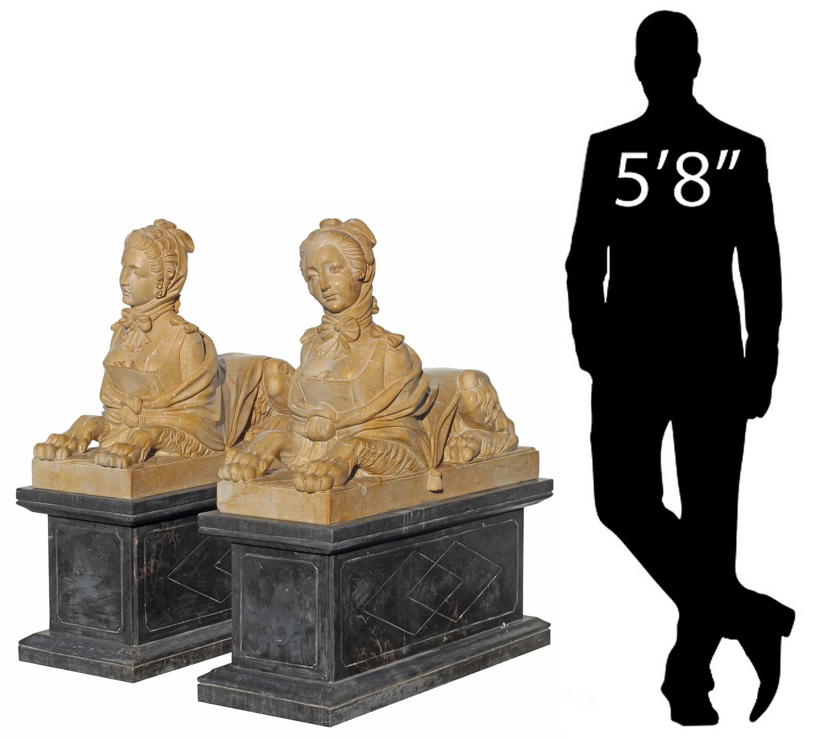 (2) LARGE CARVED MARBLE SCULPTURES, MADAME DE POMPADOUR AS SPHINX, 51"H (1 of 8)