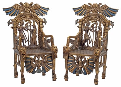 (2) EGYPTIANESQUE PARCEL-GILT & PAINTED FIGURAL THRONE CHAIRS
