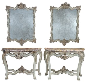 (2) ROCOCO STYLE PARCEL-GILT & PAINTED MIRRORS & MARBLE-TOP CONSOLES