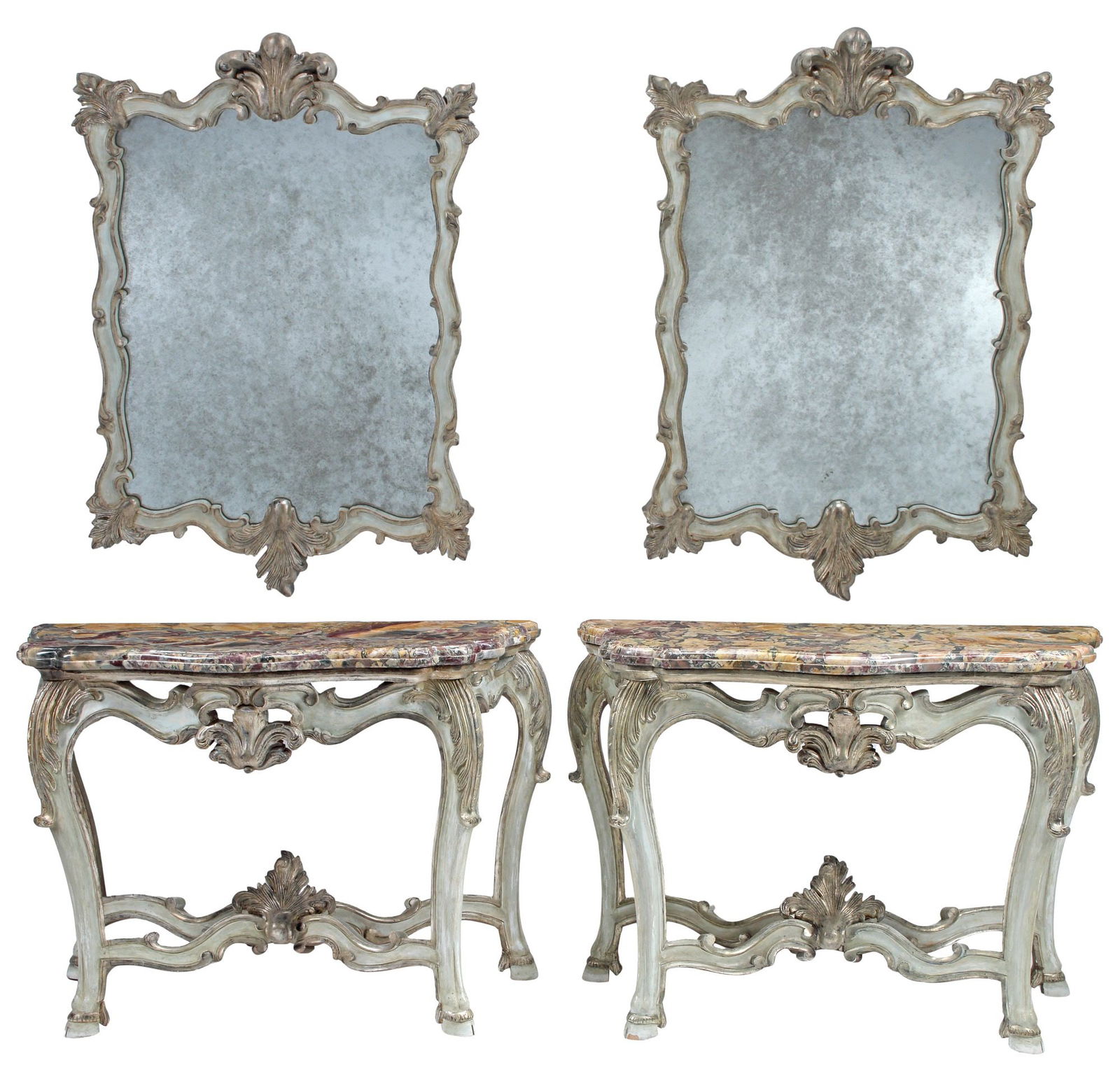 (2) ROCOCO STYLE PARCEL-GILT & PAINTED MIRRORS & MARBLE-TOP CONSOLES: (pair) Rococo style parcel-gilt and paint-decorated console tables and mirrors, each mirror having fanned foliate crest, above shaped frame encasing flat antiqued mirror plate, rising on marble-top co