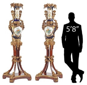 (2) LARGE SEVRES STYLE ORMOLU-MOUNTED PORCELAIN VASES ON STANDS, 78"H