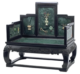 PALATIAL CHINESE INLAID GREEN HARDSTONE THRONE CHAIR