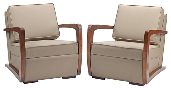 (2) ART DECO STYLE TAN UPHOLSTERED CLUB CHAIRS
