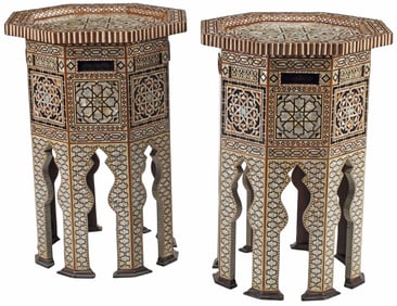 (2) MOORISH STYLE SHELL-INLAID OCTAGONAL SIDE TABLES, 30"H
