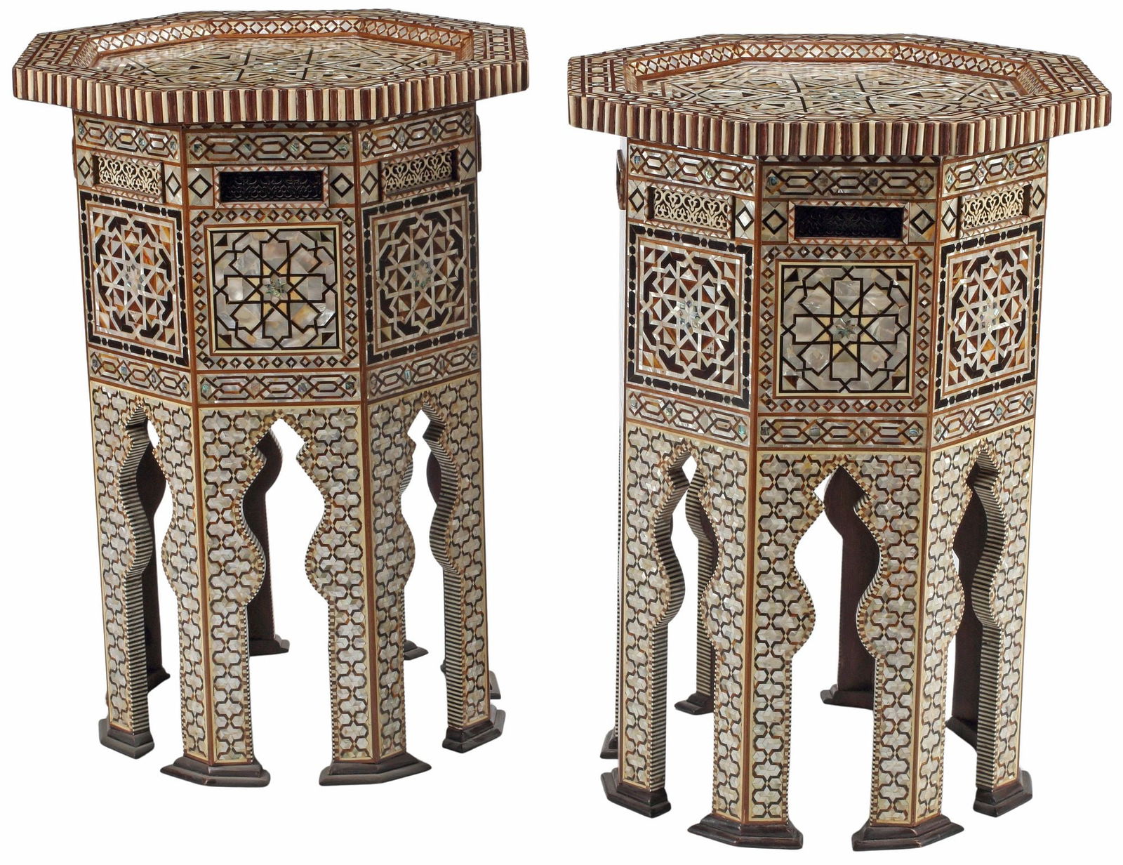 (2) MOORISH STYLE SHELL-INLAID OCTAGONAL SIDE TABLES, 30"H (1 of 4)