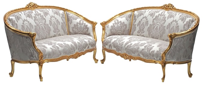 (2) LOUIS XV STYLE UPHOLSTERED GILTWOOD SALON SETTEES