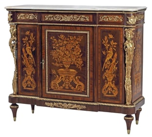 LOUIS XVI STYLE MARBLE-TOP ORMOLU-MOUNTED MARQUETRY CABINET