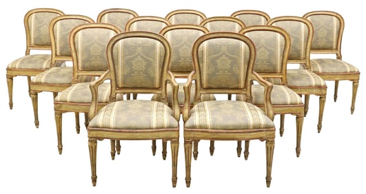 (14) LOUIS XVI PERIOD PAINTED & UPHOLSTERED DINING CHAIRS