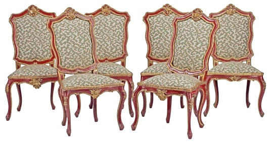 (6) VENETIAN ROCOCO PARCEL-GILT & RED-PAINTED DINING CHAIRS