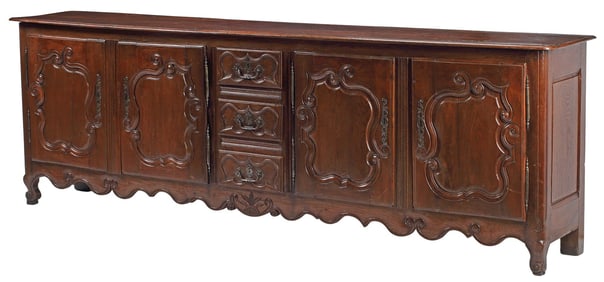 LARGE FRENCH PROVINCIAL CARVED OAK SIDEBOARD / BUFFET, 121"L