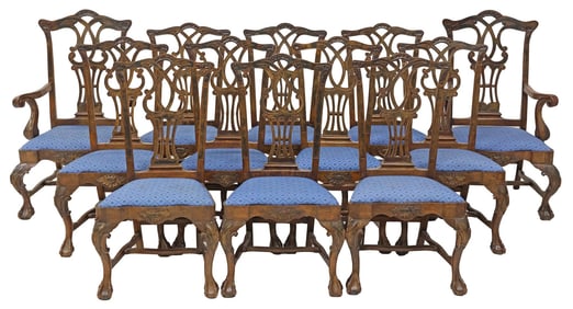 (12) CHIPPENDALE STYLE UPHOLSTERED MAHOGANY DINING CHAIRS