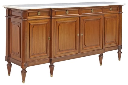 FRENCH LOUIS XVI STYLE MARBLE-TOP MAHOGANY BREAKFRONT SIDEBOARD