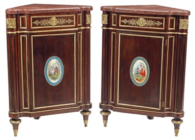 (2) FRENCH MARBLE-TOP ORMOLU & PORCELAIN-MOUNTAIN CORNER CABINETS