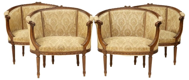 (4) FRENCH LOUIS XVI STYLE CARVED BARREL-BACK ARMCHAIRS