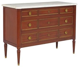 FRENCH M. HIRSCH LOUIS XVI STYLE MARBLE-TOP MAHOGANY COMMODE