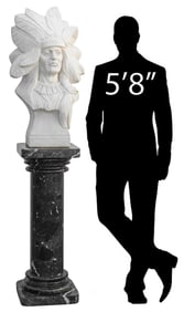 CARVED MARBLE BUST OF A NATIVE AMERICAN CHIEF ON PEDESTAL, 70"H