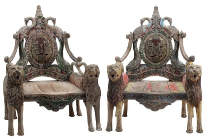 (2) ANGLO-INDIAN STYLE FANTASY CARVED & PAINTED THRONE CHAIRS