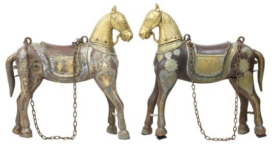 (2) ANGLO-INDIAN CARVED & BRASS-MOUNTED PROCESSIONAL HORSES