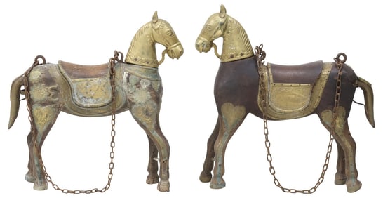 (2) ANGLO-INDIAN CARVED & BRASS-MOUNTED PROCESSIONAL HORSES