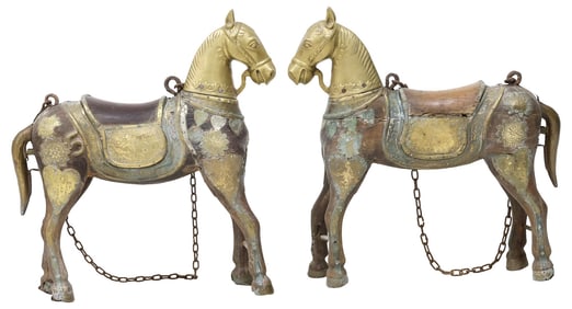 (2) ANGLO-INDIAN CARVED & BRASS-MOUNTED PROCESSIONAL HORSES