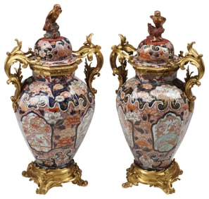 (2) ORMOLU-MOUNTED JAPANESE IMARI PORCELAIN VASES & COVERS