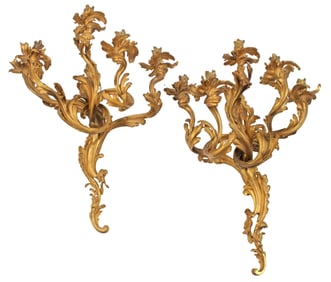 (2) LARGE FRENCH LOUIS XV ROCOCO STYLE ORMOLU 5-LIGHT WALL SCONCES, 32"H