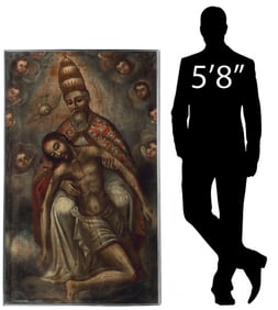 LARGE SPANISH SCHOOL OIL PAINTING, HOLY TRINITY LORD'S MERCY, 17TH C.