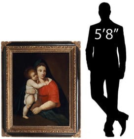 LARGE ITALIAN SCHOOL RELIGIOUS PAINTING, MADONNA & CHILD, 53"H