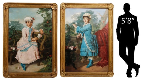 (2) CONTINENTAL SCHOOL (19TH C.) PAINTINGS, PORTRAITS OF YOUNG LADIES, 68.5"H