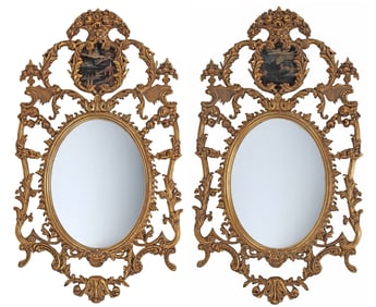 (2) GEORGE III STYLE GILTWOOD OVAL MIRRORS WITH CHINOISERIE PLAQUES