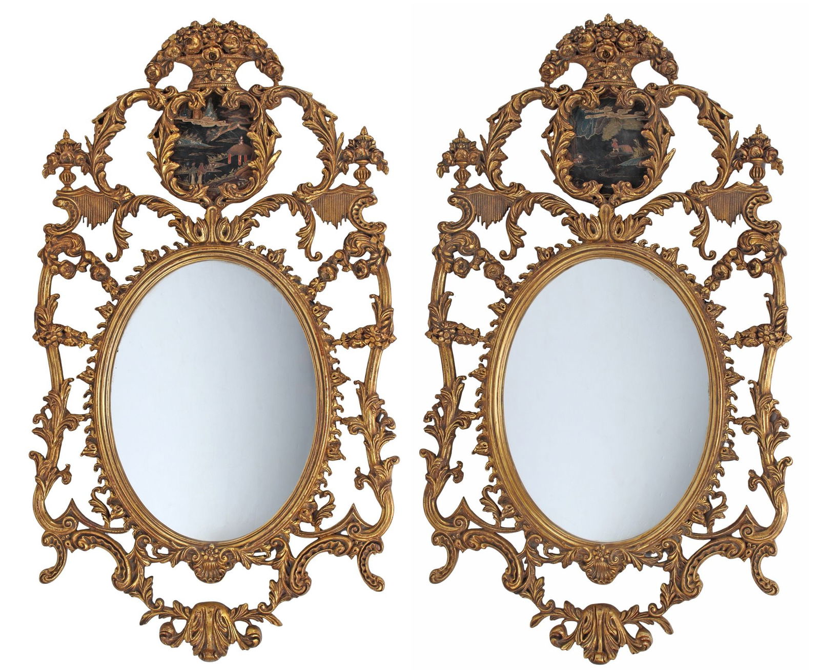 (2) GEORGE III STYLE GILTWOOD OVAL MIRRORS WITH CHINOISERIE PLAQUES (1 of 7)