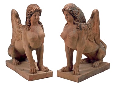 (2) LARGE TERRACOTTA SCULPTURES OF GREEK SPHINX, 35"H