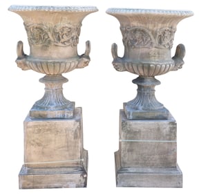 (2) LARGE GEORGIAN STYLE CAST STONE GARDEN URNS ON PLINTHS, 49"H