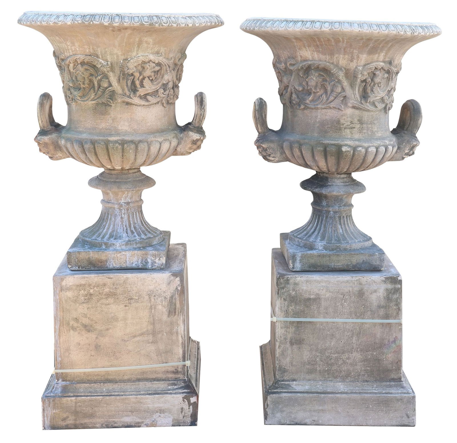 (2) LARGE GEORGIAN STYLE CAST STONE GARDEN URNS ON PLINTHS, 49"H (1 of 3)