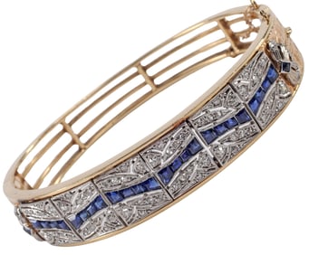ESTATE ART DECO STYLE 14KT GOLD SAPPHIRE & 1.00CTTW DIAMOND BANGLE BRACELET