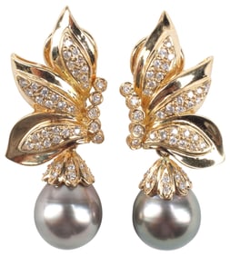 (PR) ESTATE 18KT YELLOW GOLD, DIAMOND & TAHITIAN PEARL EARRINGS
