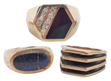 (3) GENTS ESTATE 14KT YELLOW GOLD, GEMSTONE & MODERNIST RINGS