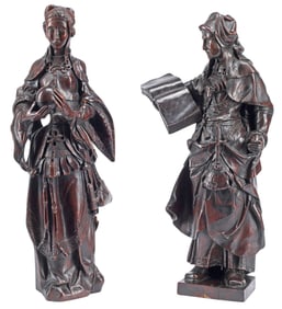 (2) ITALIAN CARVED WALNUT ALLEGORICAL FIGURAL SCULPTURES, 18TH C.