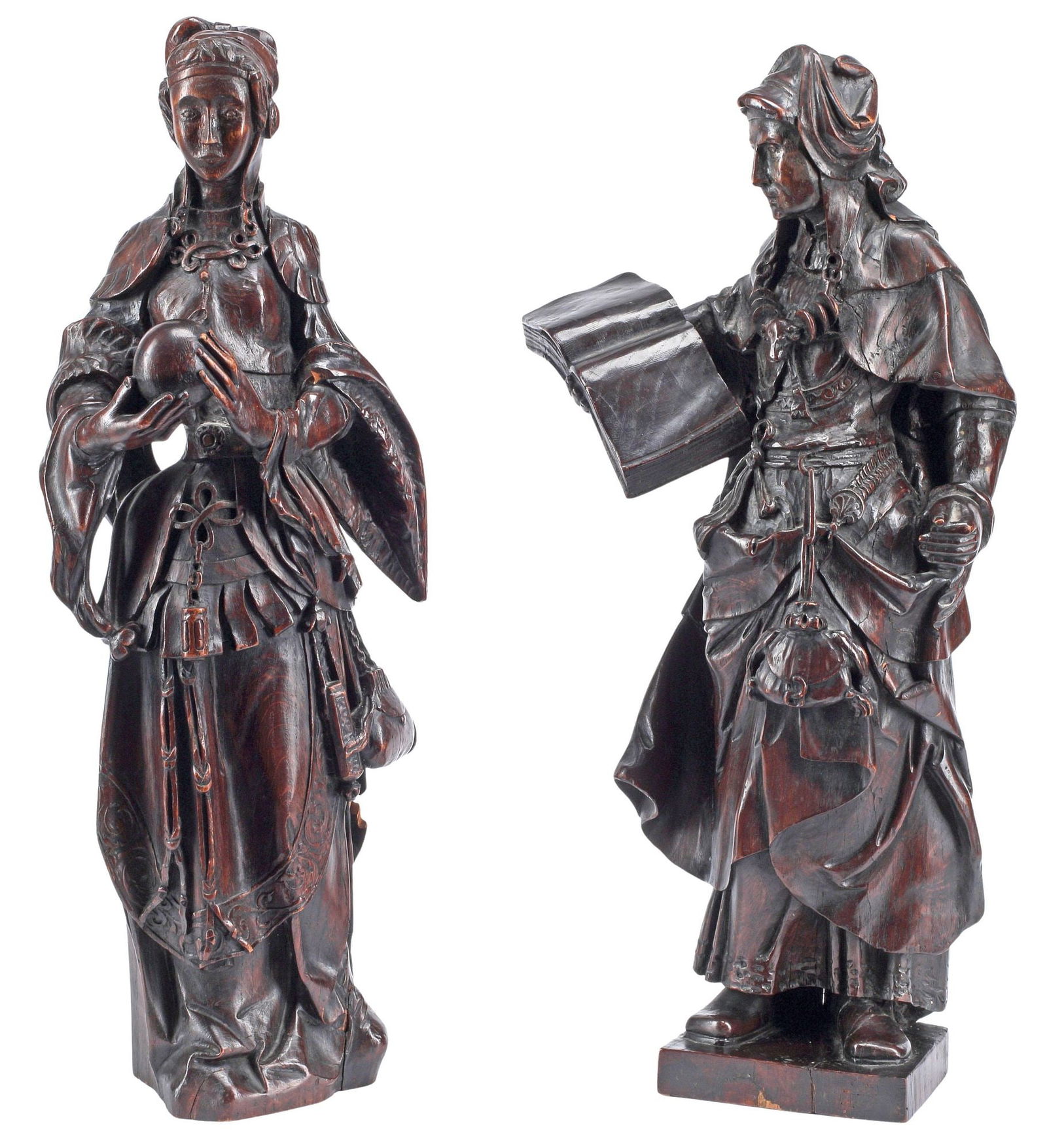 (2) ITALIAN CARVED WALNUT ALLEGORICAL FIGURAL SCULPTURES, 18TH C.: (pair) Italian carved walnut allegorical figures, 18th c., each in elaborate dress of the period, including: (1) holding an open book, likely an allegory of Melancholy; approx 23"h, 11"w, 4.