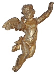LARGE ITALIAN SILVERED GILTWOOD CARVING OF A WINGED PUTTO, 18TH C.