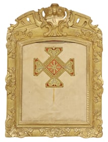 CONTINENTAL REGENCE STYLE GILTWOOD PICTURE FRAME WITH UPHOLSTERY