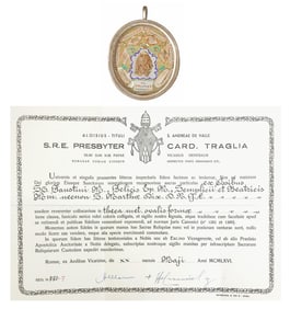 THECA RELIQUARY CONTAINING 1ST-CLASS RELICS OF 5 SAINTS WITH COA