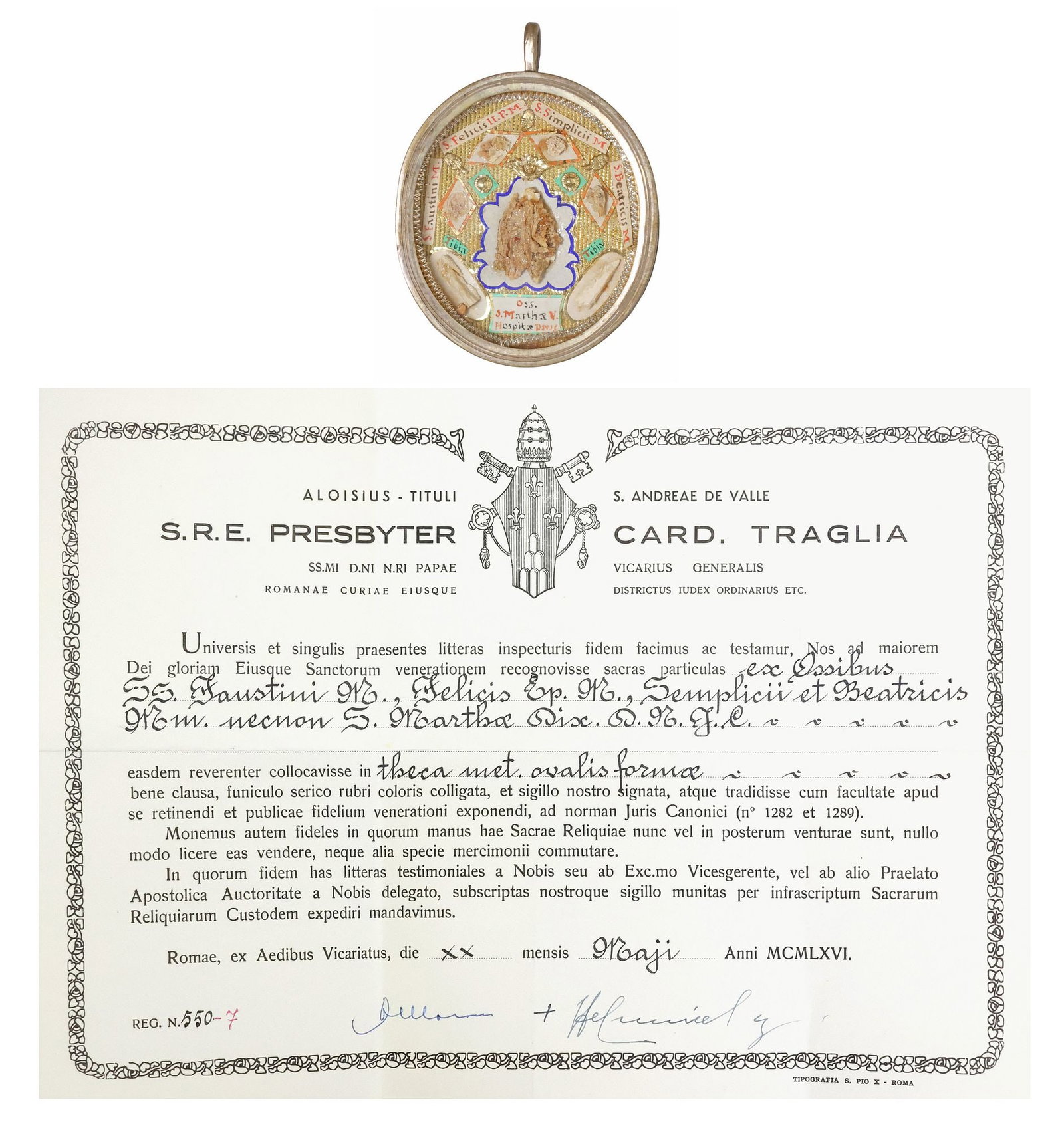 THECA RELIQUARY CONTAINING 1ST-CLASS RELICS OF 5 SAINTS WITH COA: Religious gold-tone metal theca reliquary, housing (five) first-class (ex ossibus) relics of Saint Faustina (Maria Faustyna Kowalska of the Blessed Sacrament, Polish, 1905-1938), Saint Felicitas of Ro