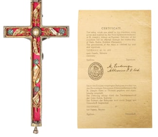 GERMAN PECTORAL RELIQUARY CROSS WITH 5 SAINTS & AGNUS DEI, WITH COPY OF COA