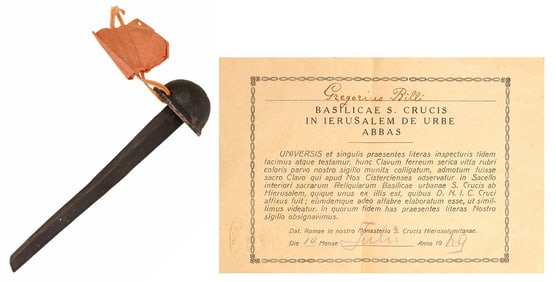 RELIGIOUS REPLICA OF THE SACRED NAIL OF THE CISTERCIANS WITH COA