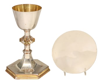 (2) GOTHIC REVIVAL STERLING SILVER COMMUNION CHALICE & PATEN