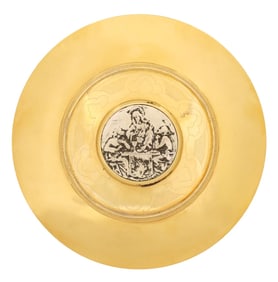 LITURGICAL GILT METAL COMMUNION PATEN, CHRIST'S SUPPER AT EMMAUS