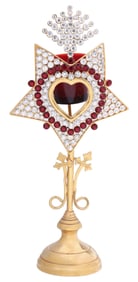 LITURGICAL RHINESTONE-ENCRUSTED GILT METAL HEART & STAR CANDLE VOTIVE